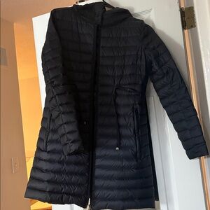 Moncler Women's Navy Slim Jacket Barbel tie waist hooded down coat